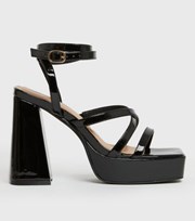 New Look Black Patent Strappy Platform Block Heel Sandals